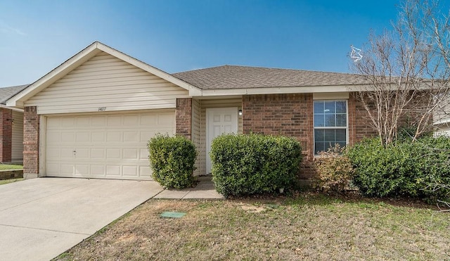 ranch-style home with concrete driveway, brick siding, roof with shingles, and an attached garage