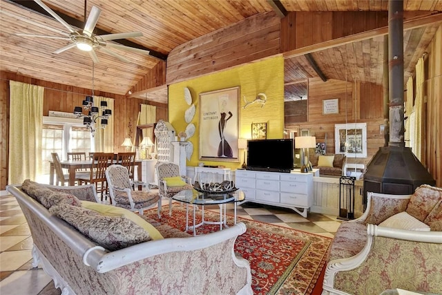 tiled living room featuring wood ceiling, a wood stove, wood walls, ceiling fan, and high vaulted ceiling