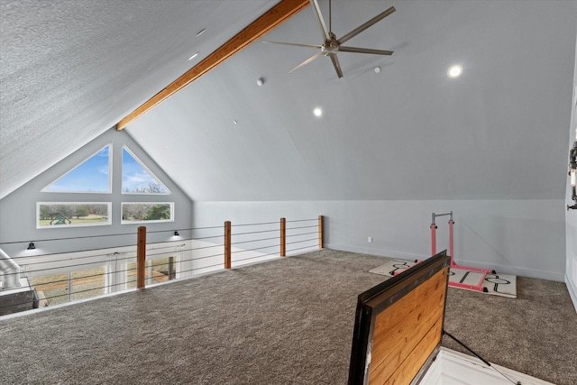 bonus room featuring lofted ceiling with beams, a textured ceiling, carpet, and baseboards