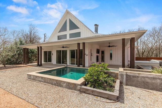 back of property featuring ceiling fan, metal roof, a patio, french doors, and board and batten siding