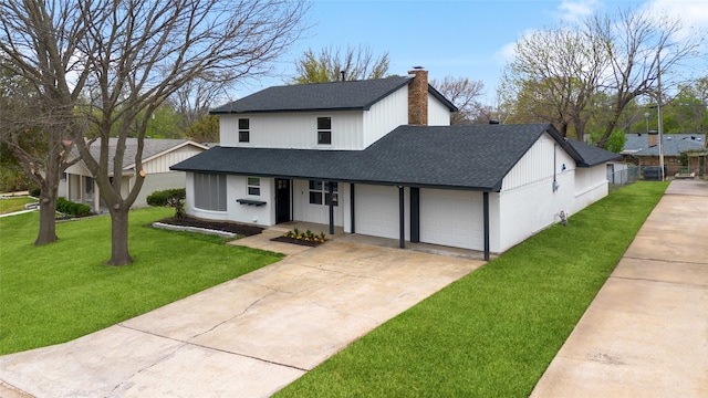 view of front of home featuring a garage, driveway, a chimney, roof with shingles, and a front yard