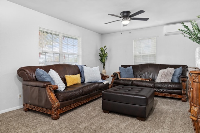 living room featuring carpet, baseboards, a ceiling fan, and an AC wall unit