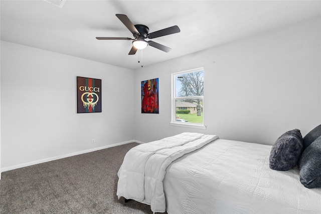 bedroom with carpet flooring, a ceiling fan, and baseboards