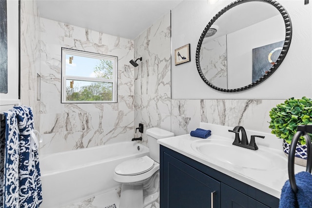 bathroom with toilet, vanity, tile walls, marble finish floor, and shower / bath combo with shower curtain