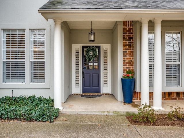 view of exterior entry with a shingled roof and brick siding