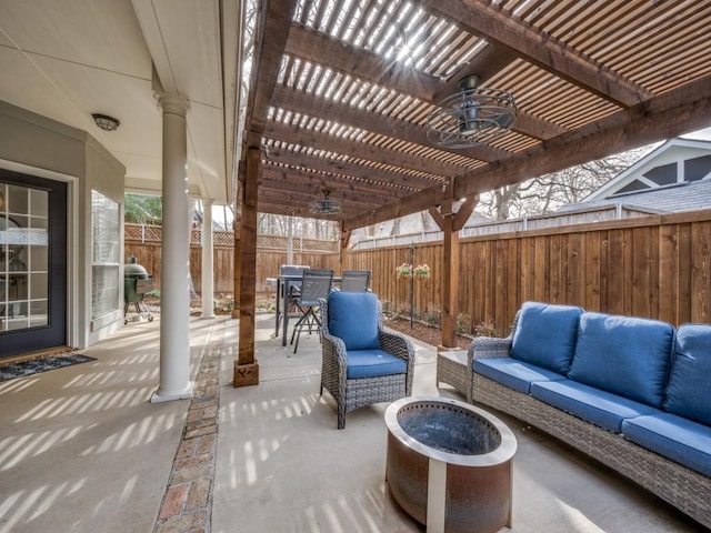 view of patio with a fenced backyard, area for grilling, outdoor lounge area, a pergola, and outdoor dining space