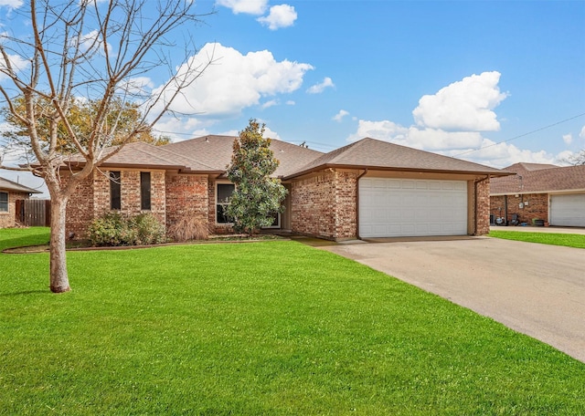 single story home featuring a garage, brick siding, concrete driveway, and a front yard