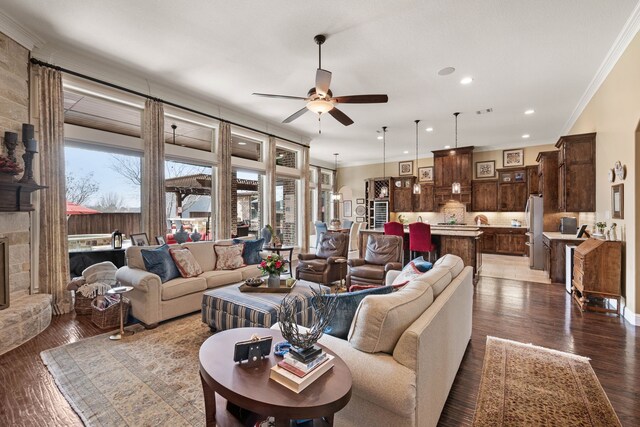 living area featuring a stone fireplace, ornamental molding, and dark wood finished floors