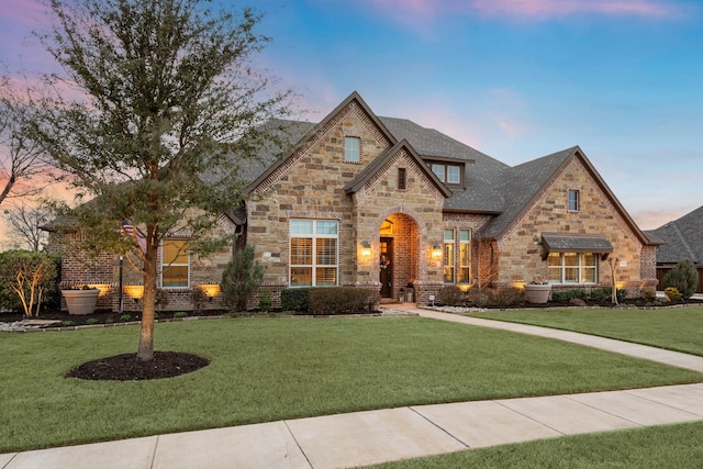 french country inspired facade with stone siding, roof with shingles, and a lawn