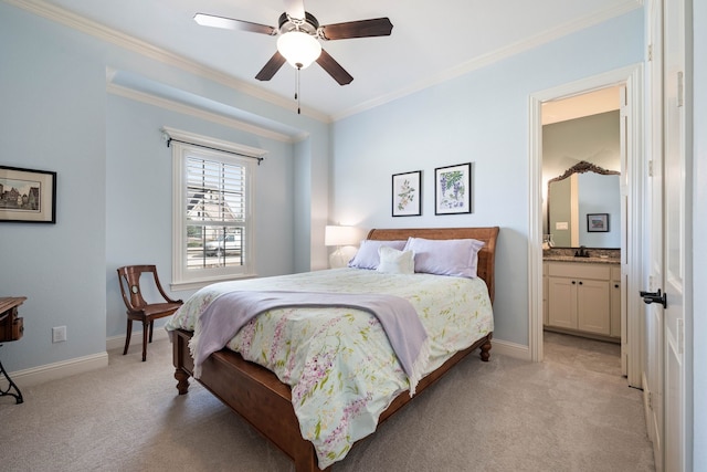 bedroom with light carpet, baseboards, and crown molding