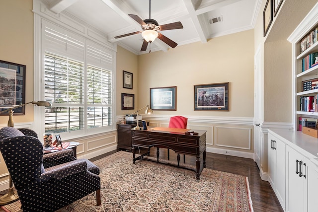 office with ceiling fan, dark wood-style flooring, coffered ceiling, visible vents, and beamed ceiling