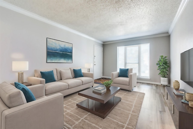living area with a textured ceiling, crown molding, light wood finished floors, and baseboards