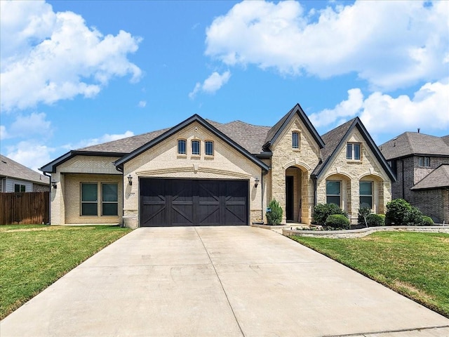 french country home featuring a garage, concrete driveway, a front lawn, and fence