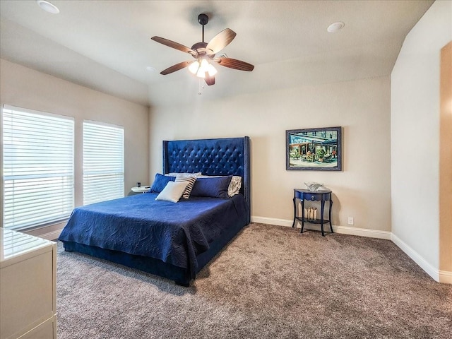 bedroom featuring carpet flooring, a ceiling fan, and baseboards