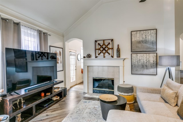 living room featuring lofted ceiling, a tiled fireplace, a wealth of natural light, and crown molding