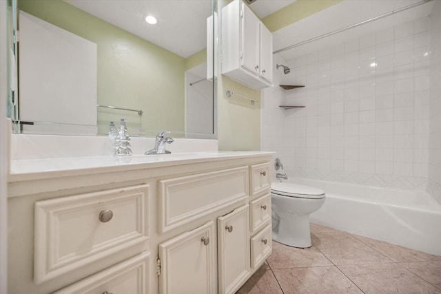 full bath with toilet, tile patterned flooring, vanity, washtub / shower combination, and recessed lighting