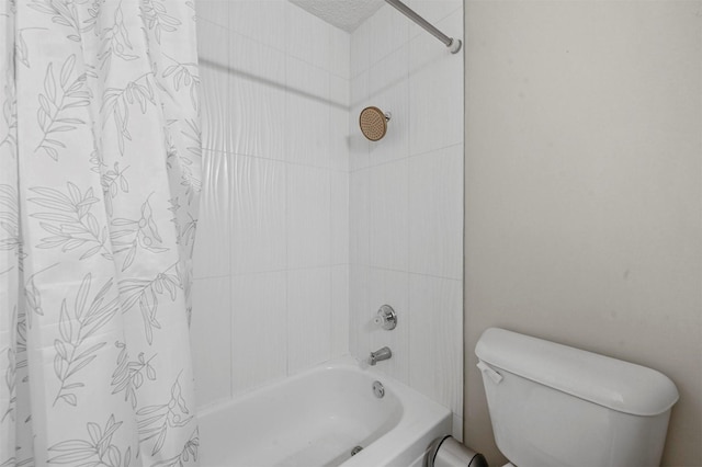 full bathroom with toilet, shower / bathtub combination with curtain, and a textured ceiling