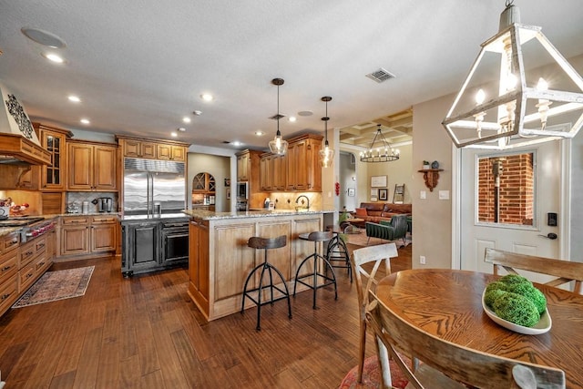 209 Chrissa Dr, Pottsboro, TX 75076 - kitchen with a chandelier, stainless steel appliances, recessed lighting, light stone countertops, and dark wood-style floors