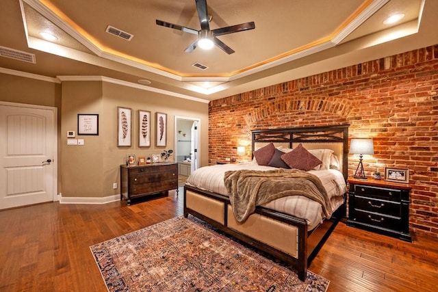 209 Chrissa Dr, Pottsboro, TX 75076 - bedroom featuring a raised ceiling, baseboards, hardwood / wood-style floors, ornamental molding, and a ceiling fan