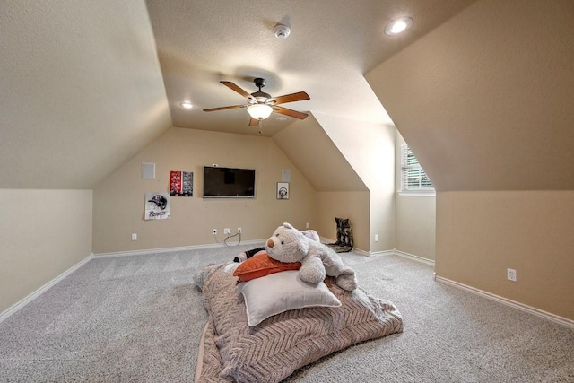 209 Chrissa Dr, Pottsboro, TX 75076 - carpeted bedroom featuring vaulted ceiling, a ceiling fan, baseboards, and recessed lighting