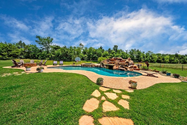 209 Chrissa Dr, Pottsboro, TX 75076 - view of pool with a fire pit, a patio area, a yard, and a pool with connected hot tub