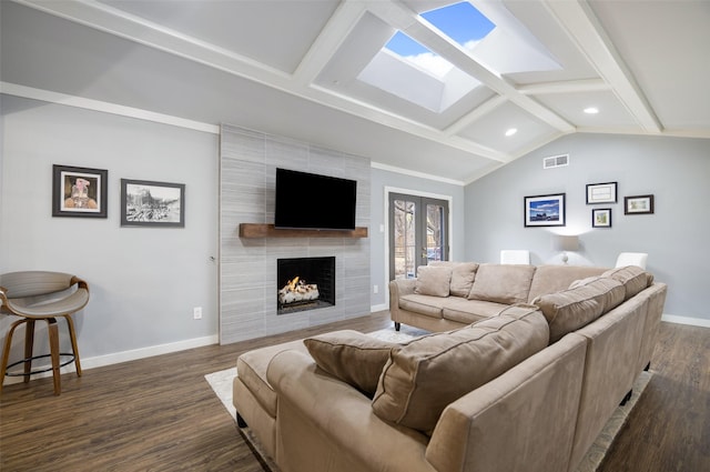 living area with lofted ceiling with beams, dark wood-style floors, baseboards, and visible vents