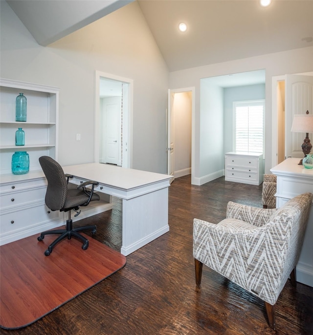 home office with recessed lighting, dark wood-style flooring, vaulted ceiling, and baseboards