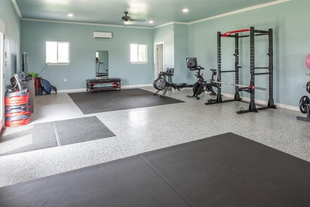 workout area featuring recessed lighting, ornamental molding, an AC wall unit, ceiling fan, and baseboards