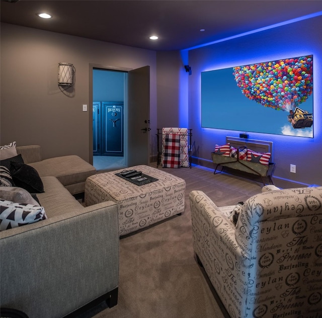 home theater room with recessed lighting, carpet flooring, and baseboards