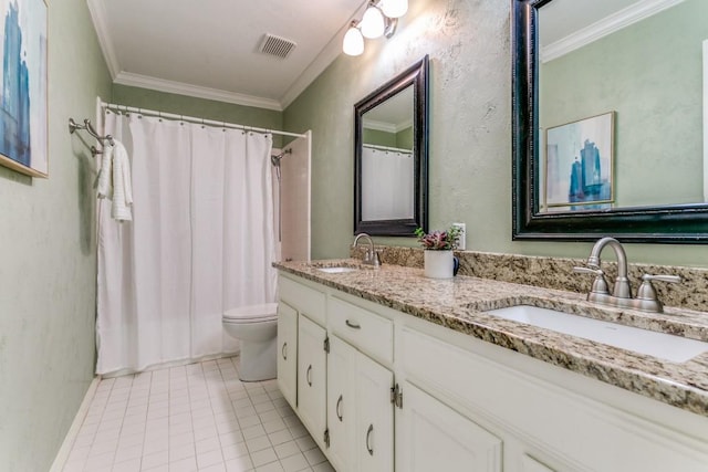 full bathroom featuring ornamental molding, visible vents, a sink, and toilet