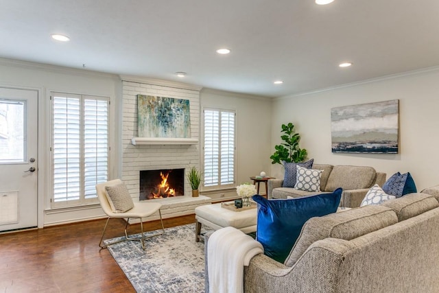 living room featuring ornamental molding, recessed lighting, dark wood-style flooring, and a fireplace