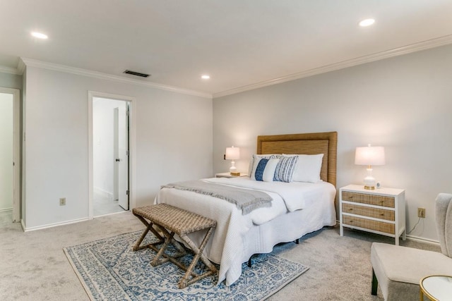 bedroom featuring light carpet, ornamental molding, visible vents, and recessed lighting