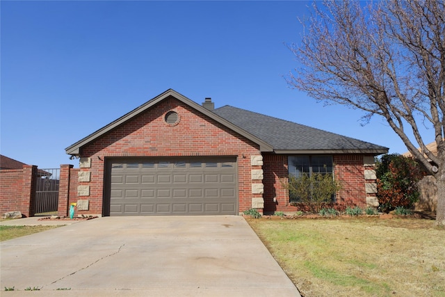 ranch-style home featuring brick siding, a chimney, a shingled roof, a garage, and driveway