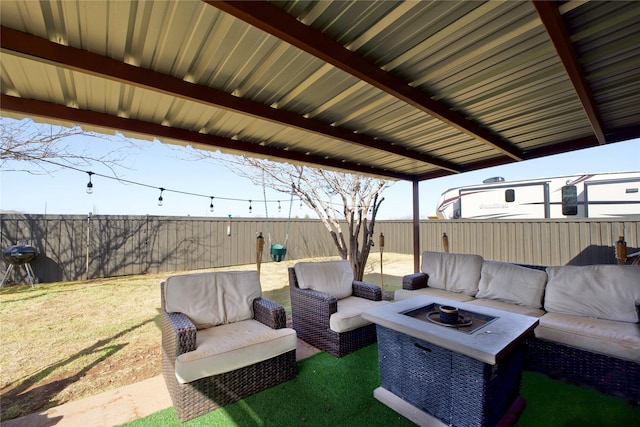 view of patio featuring a fenced backyard and an outdoor hangout area