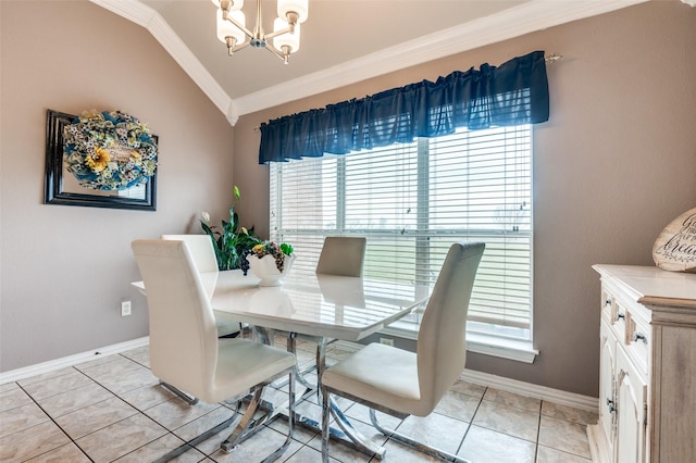 dining room with lofted ceiling, light tile patterned flooring, baseboards, ornamental molding, and an inviting chandelier