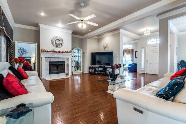 living area featuring ceiling fan, a tile fireplace, wood finished floors, and crown molding