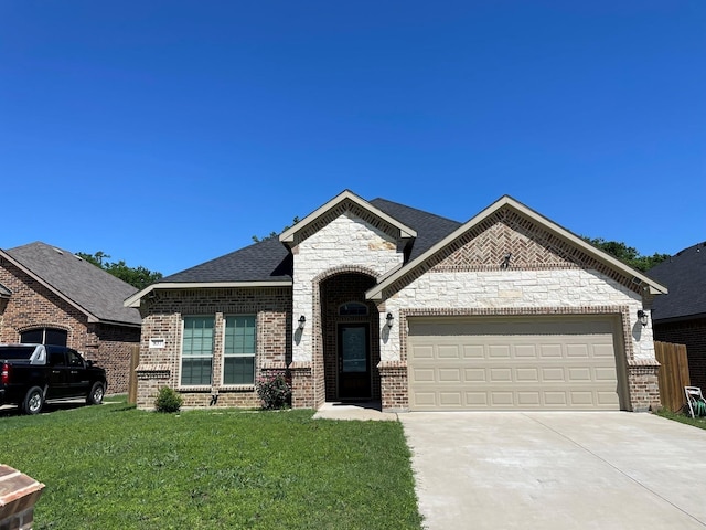 french country inspired facade featuring brick siding, a shingled roof, a garage, driveway, and a front lawn