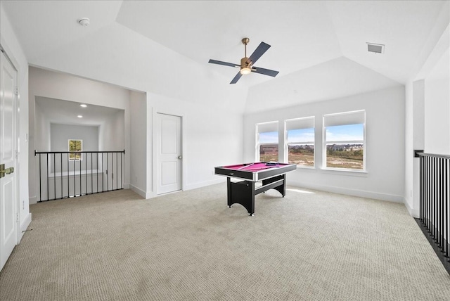 game room featuring lofted ceiling, carpet, visible vents, and baseboards