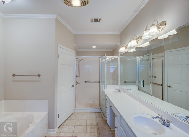 full bath featuring a shower stall, visible vents, a sink, and ornamental molding