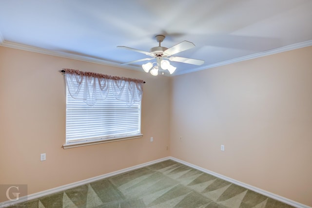 unfurnished room featuring ceiling fan, ornamental molding, baseboards, and light colored carpet