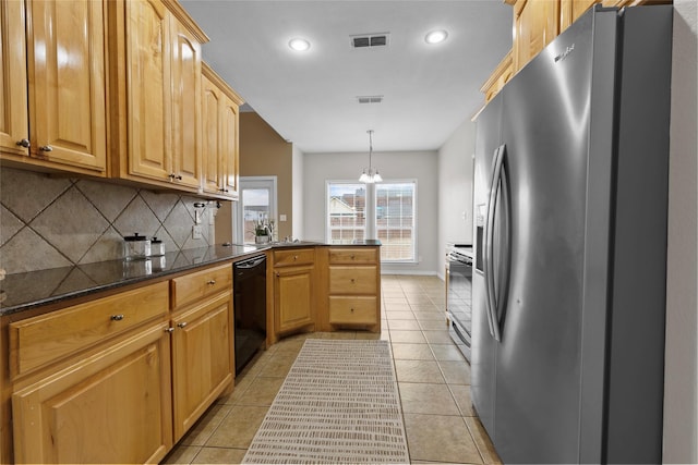 kitchen with black dishwasher, visible vents, electric stove, a peninsula, and stainless steel refrigerator with ice dispenser