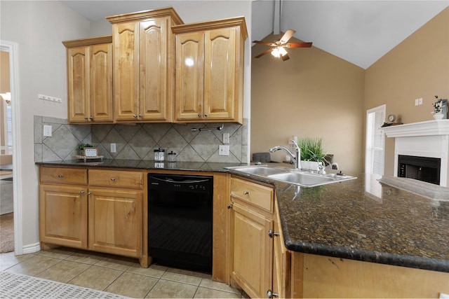 kitchen with dishwasher, a fireplace with raised hearth, light tile patterned flooring, and a sink