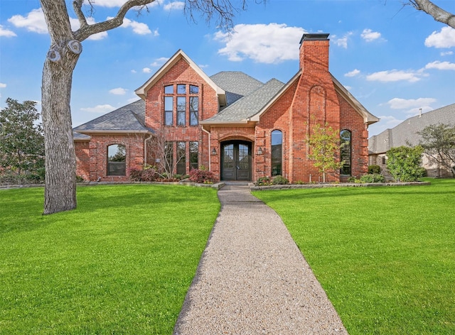 view of front of home with a shingled roof, a chimney, french doors, a front lawn, and brick siding