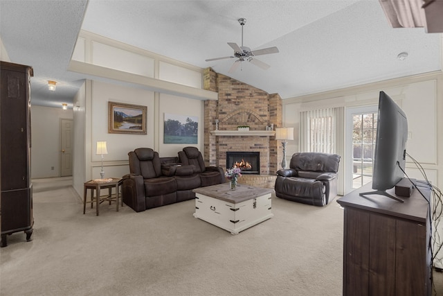 living room featuring light carpet, vaulted ceiling, and a textured ceiling