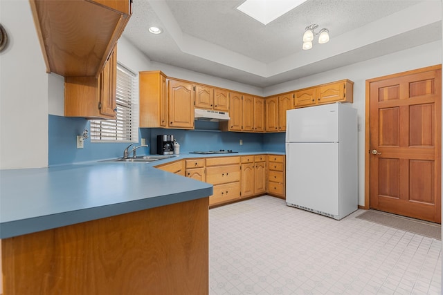 kitchen with under cabinet range hood, a skylight, a sink, freestanding refrigerator, and stovetop