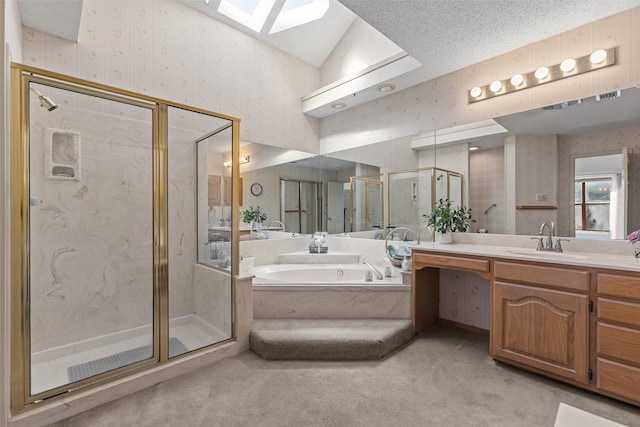 full bath featuring wallpapered walls, a skylight, a bath, and a stall shower