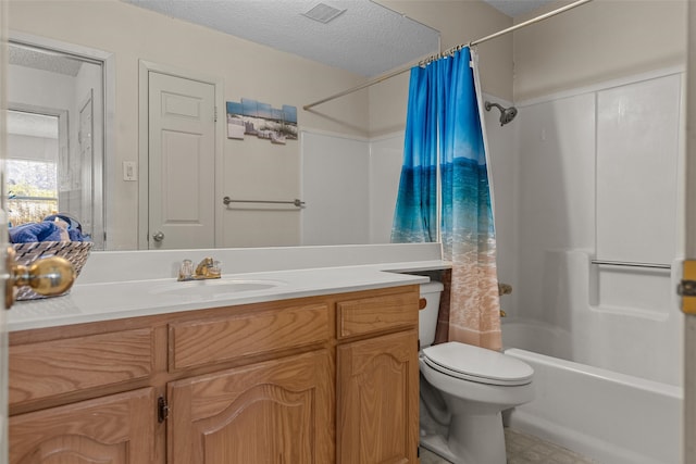 bathroom featuring shower / bath combination with curtain, visible vents, toilet, a textured ceiling, and vanity