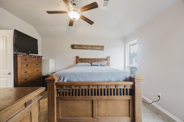 bedroom with carpet, visible vents, baseboards, lofted ceiling, and ceiling fan