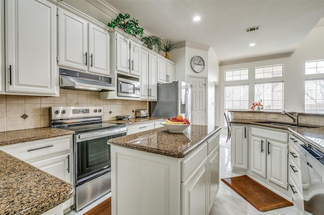 kitchen featuring under cabinet range hood, a kitchen island, a sink, visible vents, and appliances with stainless steel finishes