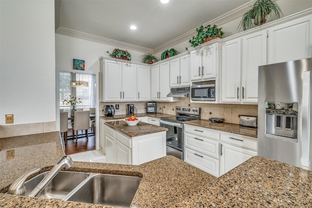 kitchen with stainless steel appliances, backsplash, a sink, and under cabinet range hood